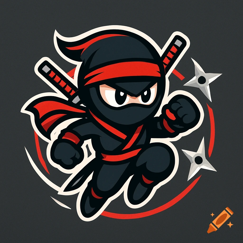 A cartoon ninja with black and red attire jumps forward, carrying two swords and throwing shuriken, against a dark background.
