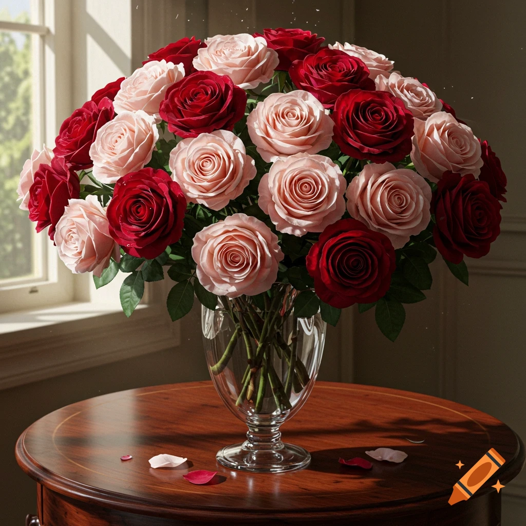 A lush bouquet of red and light pink roses in a clear glass vase on a polished wooden table, lit by a window.
