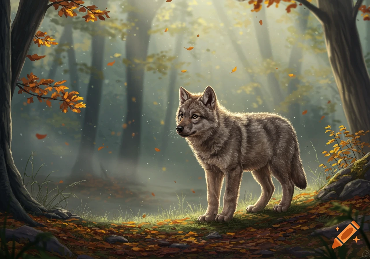 A young grey wolf stands in an autumn forest, bathed in sunlight filtering through the trees with orange leaves on the ground.