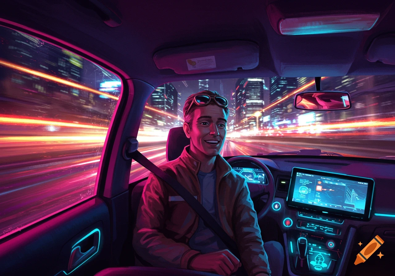 A man with sunglasses on his head smiles while driving a neon-lit car through a futuristic city at night, with vibrant light trails blurring past the windows.