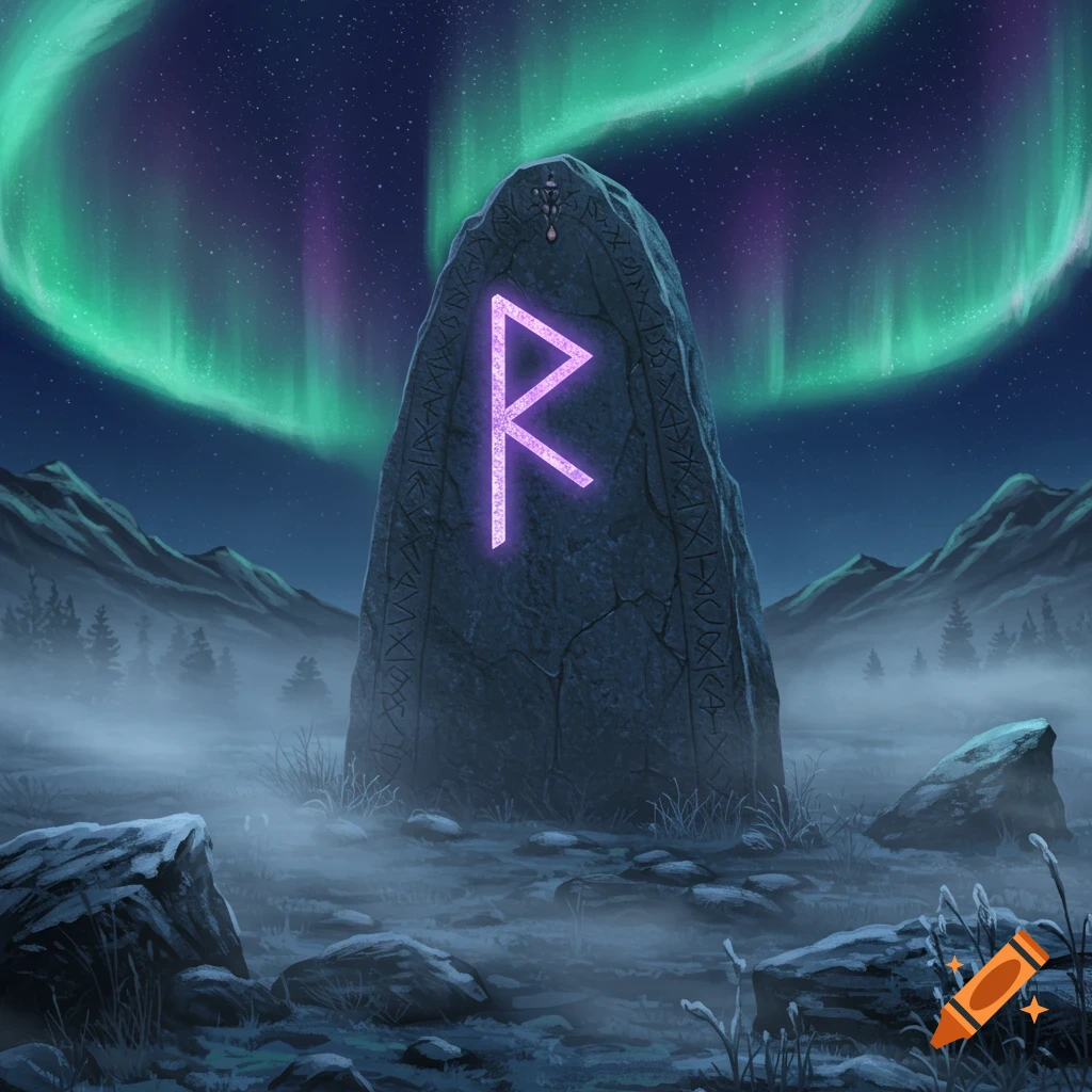 A large, dark stone with a glowing purple Dagaz rune stands in a misty, snowy mountain landscape under a green and purple aurora borealis at night.