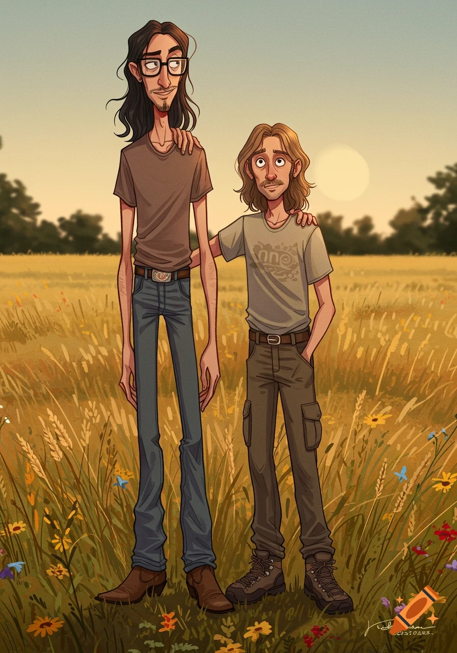 A tall, lanky man with long dark hair, glasses, and a goatee stands next to a shorter man with shoulder-length light brown hair and a mustache in a sunny field. Both are cartoon characters.