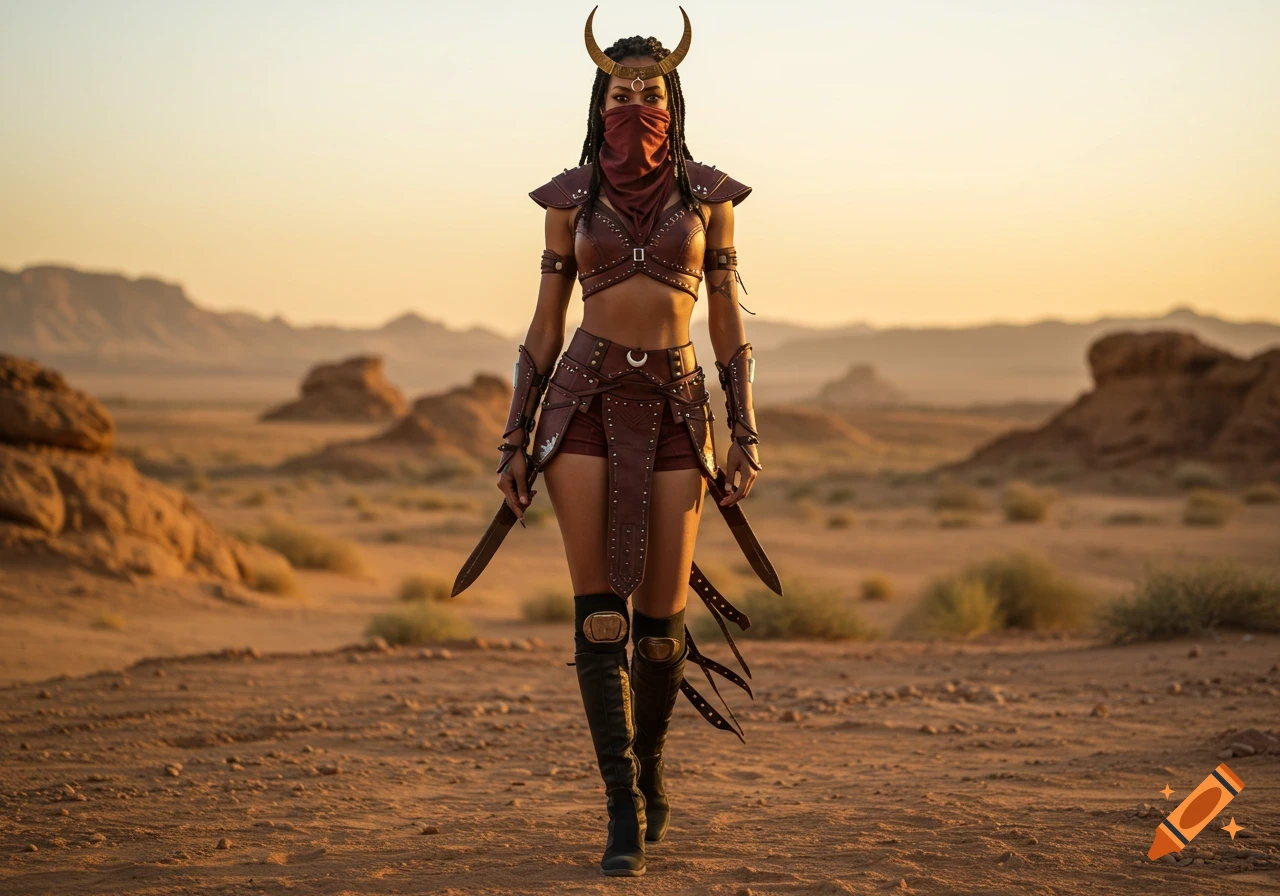A warrior woman in a leather outfit, face covering, and horned headpiece stands in a desert landscape.