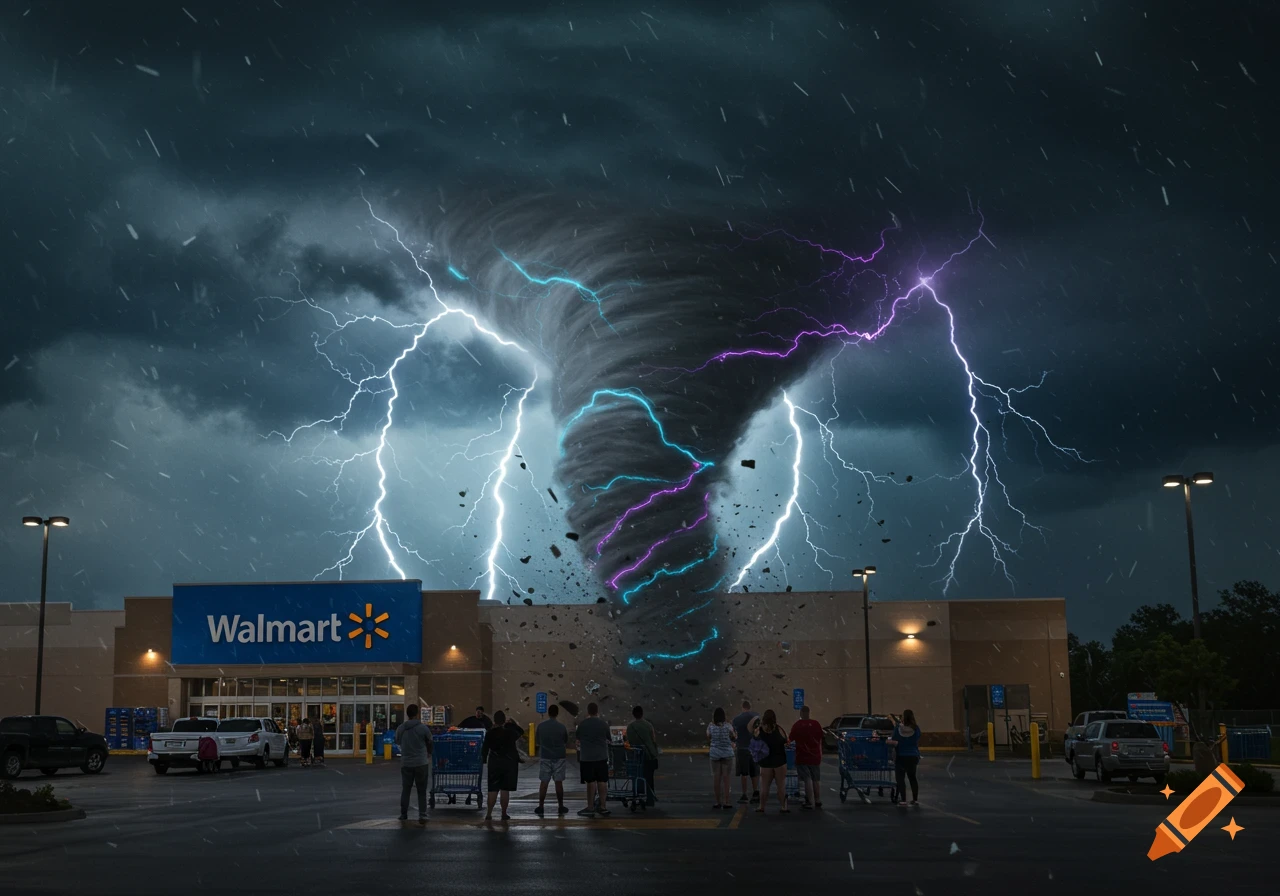 A powerful tornado with lightning strikes rips through a Walmart parking lot as people watch.