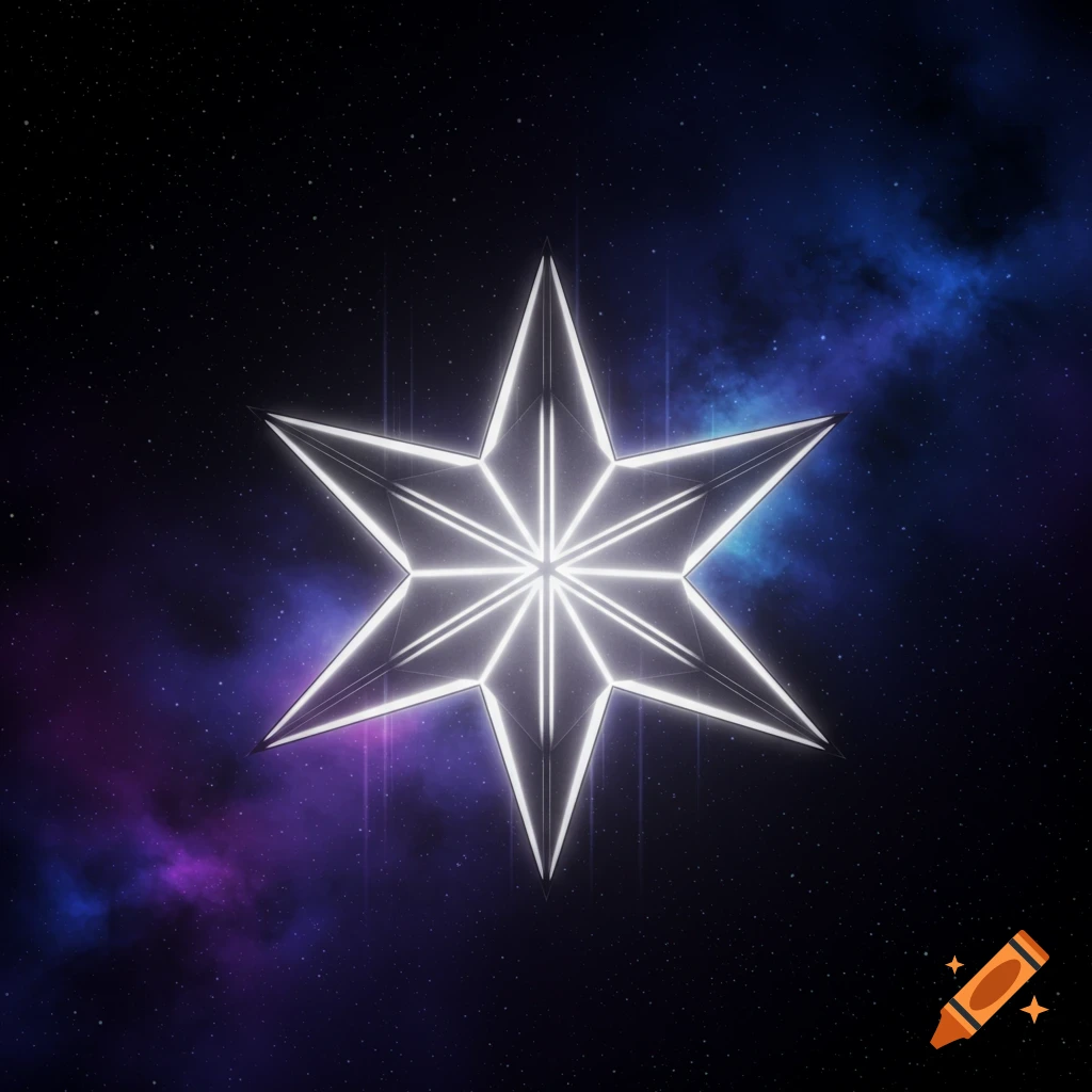A glowing, faceted six-pointed star centered against a dark starry sky with colorful nebulae.