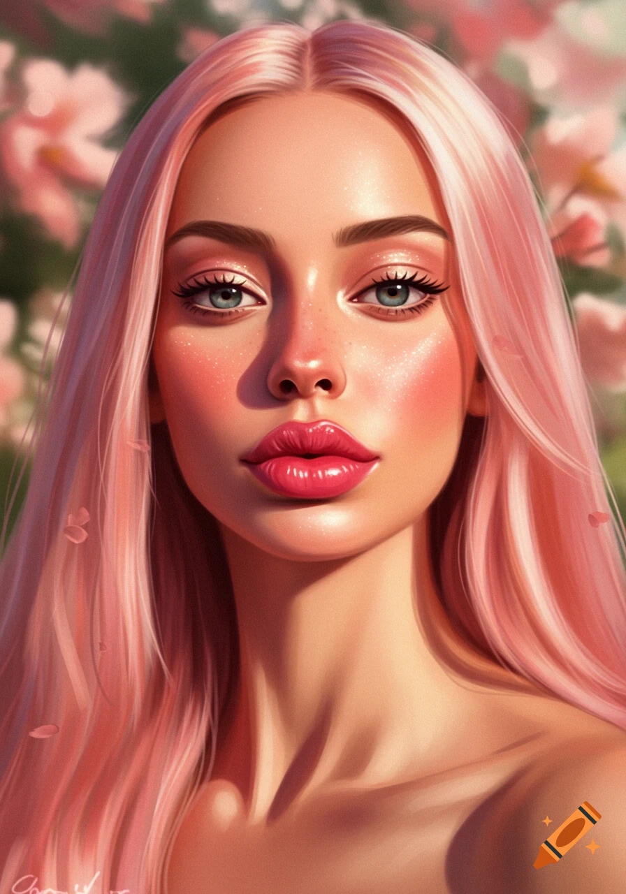 Close-up digital painting portrait of a woman with long pink hair, blue eyes, and full pink lips, with soft focus pink flowers in the background.