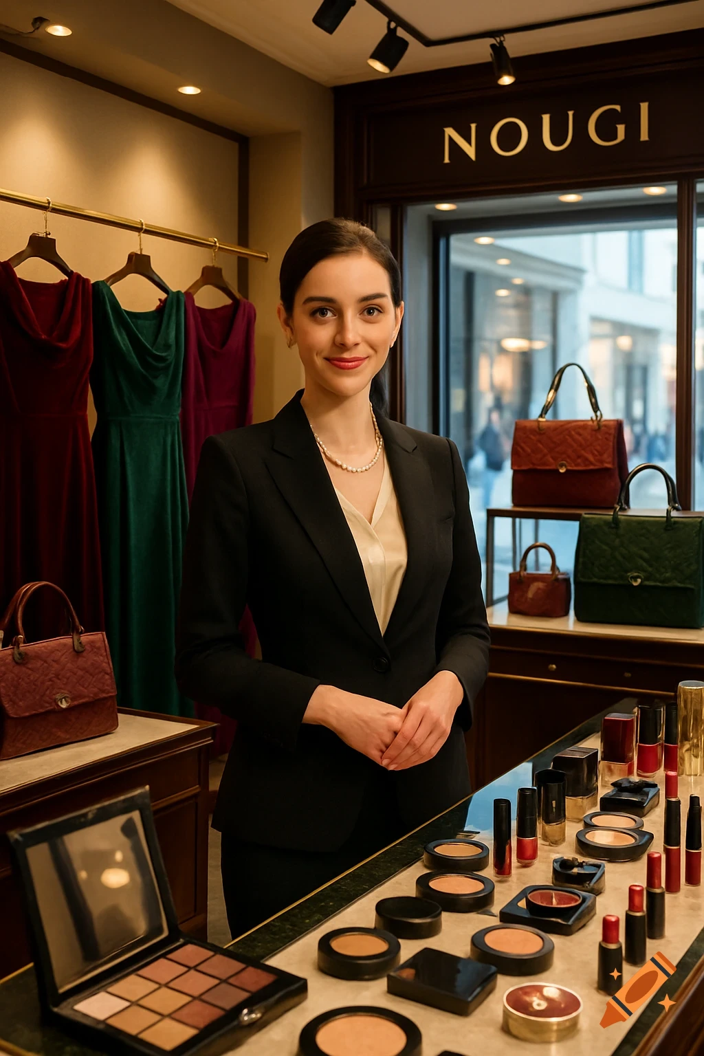 A sales associate in a fancy clothing and makeup store, smiling while standing behind a display of cosmetics.