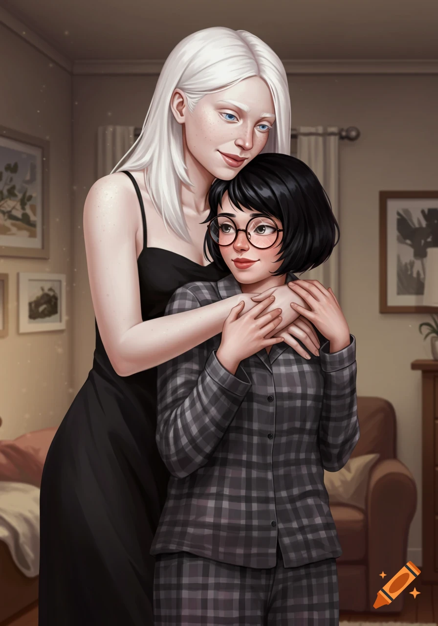 Illustration of a tall woman in a black dress hugging her shorter girlfriend in pajamas from behind in a cozy home.