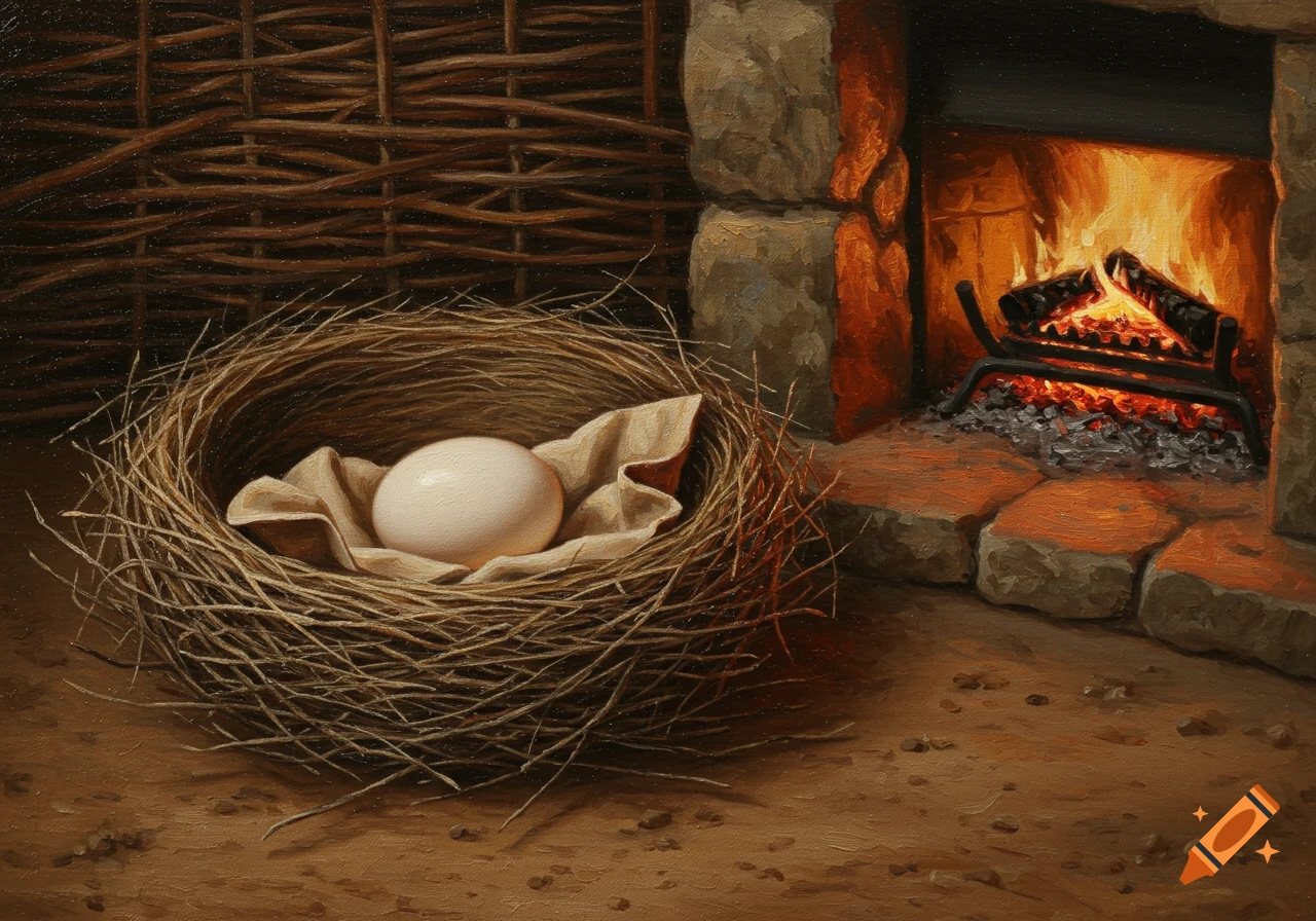 Oil painting of a large white egg in a nest with cloth, beside a warm stone fireplace on a dirt floor, with a woven wall.