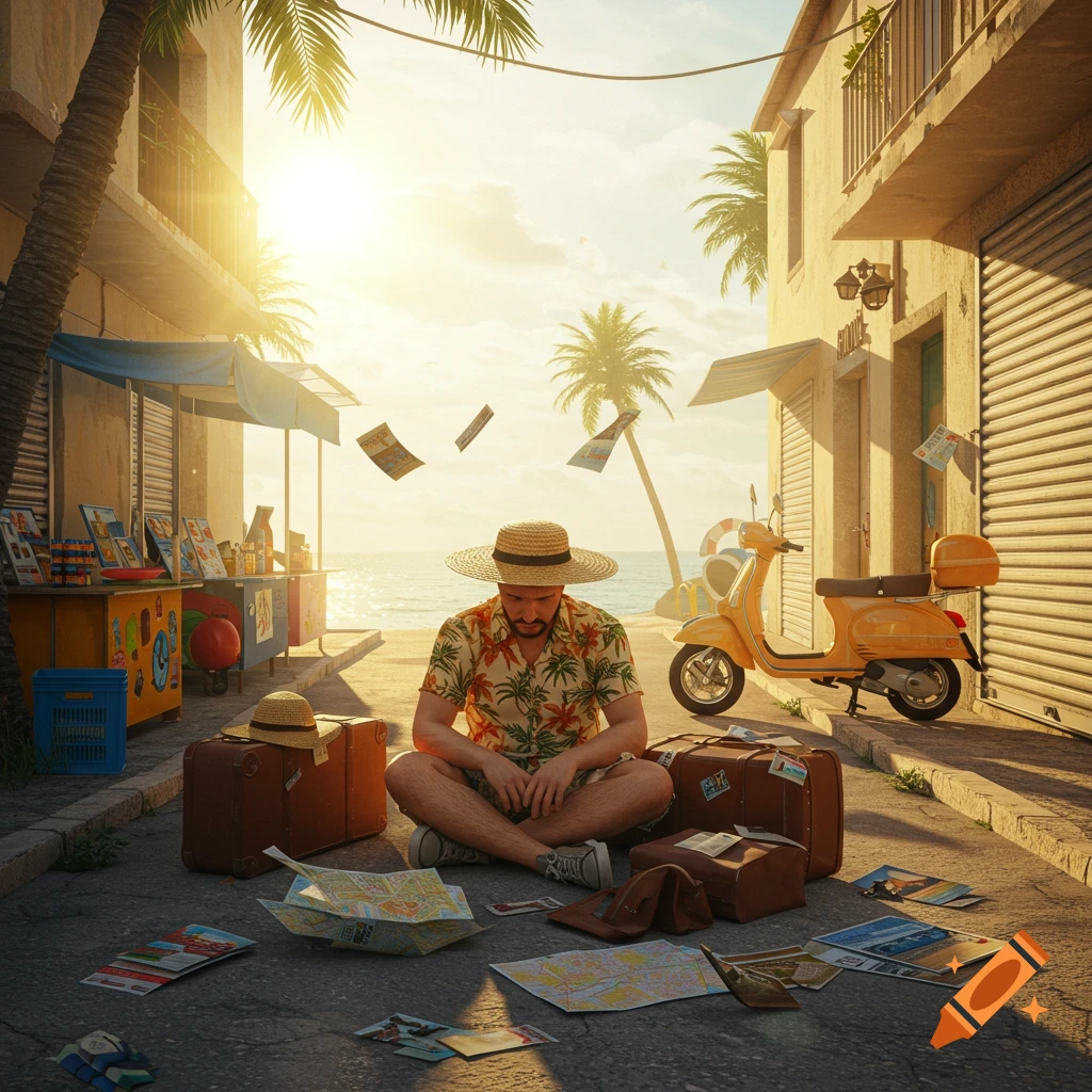 A man in a straw hat and Hawaiian shirt sits cross-legged on a sunny street by the ocean, surrounded by scattered maps, papers, and luggage. A yellow scooter is parked nearby.