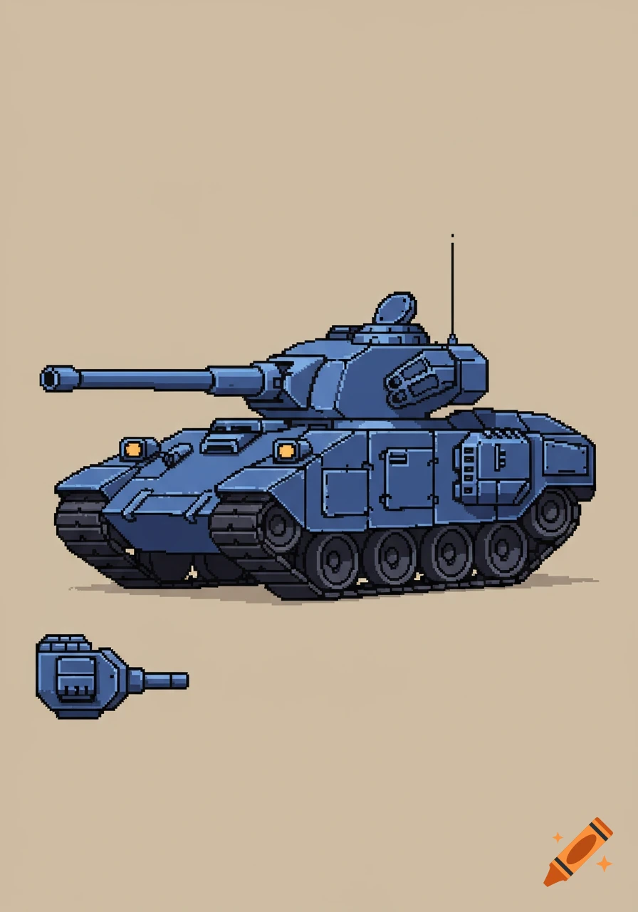 A blue pixel art tank in 2D side view with a detached turret, on a neutral background.