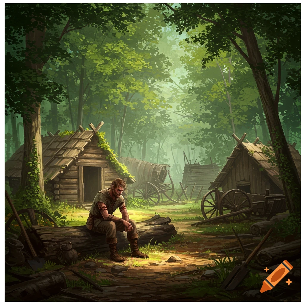 A man sits on a log in an abandoned 1300s logging camp in a dense green forest, with wooden cabins and wagons visible.