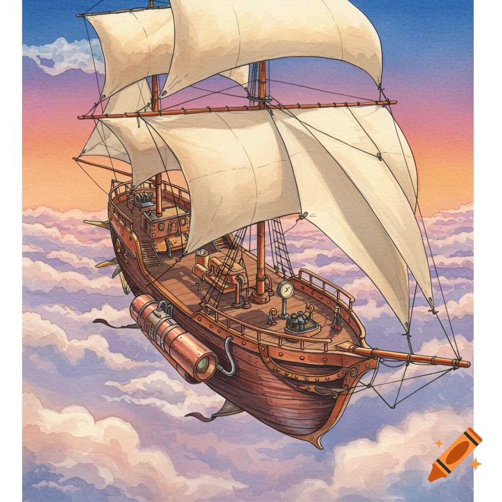 Watercolor illustration of a steampunk airship with sails flying above clouds at sunset.