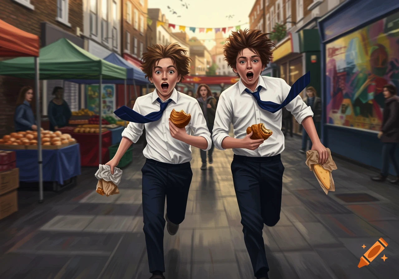 Two boys with messy brown hair and white shirts run through a street market, holding a croissant and a cheese-like item.