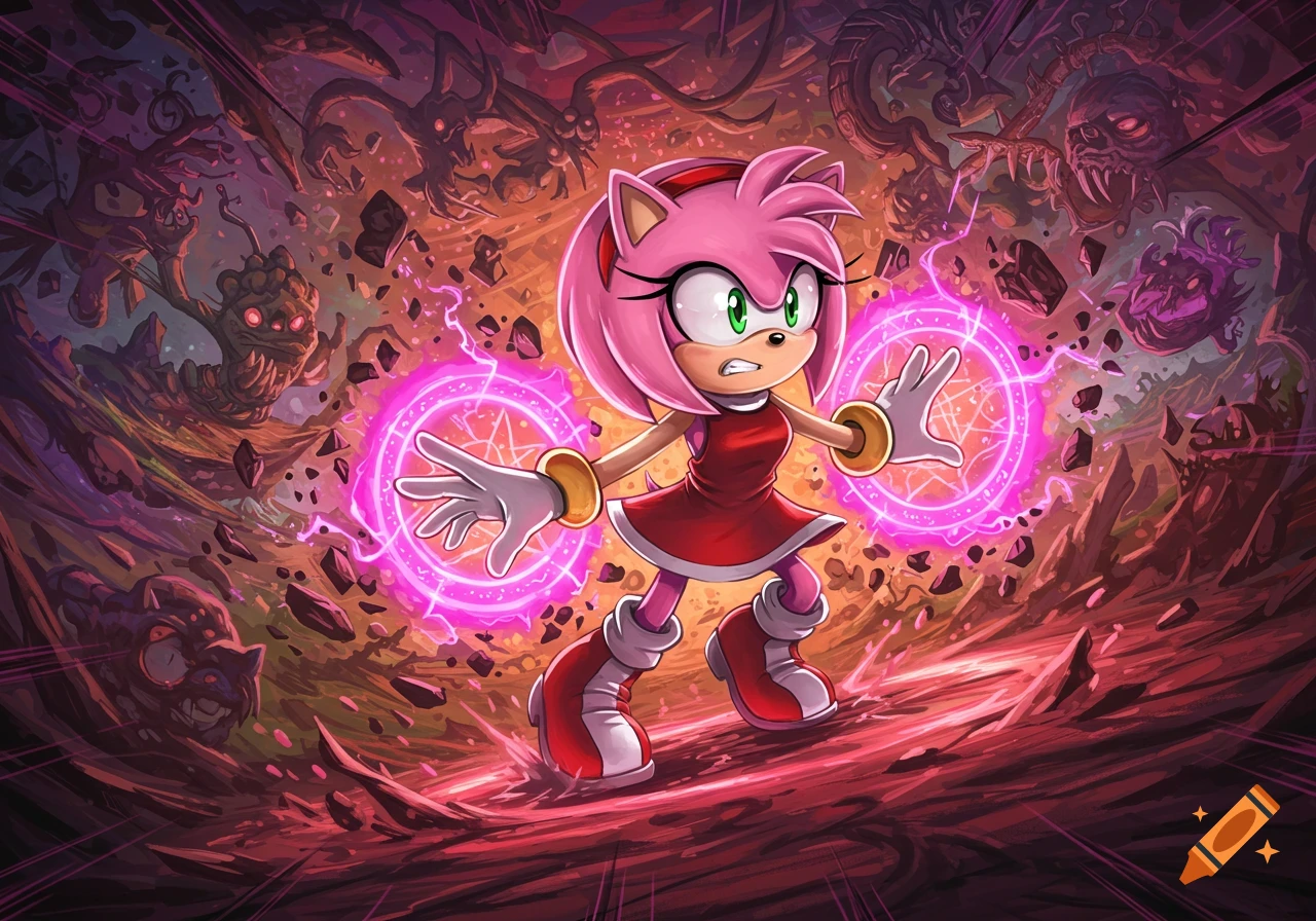 Amy Rose, from Sonic the Hedgehog, stands amidst a destroyed, demonic landscape, wielding two glowing pink magic circles.