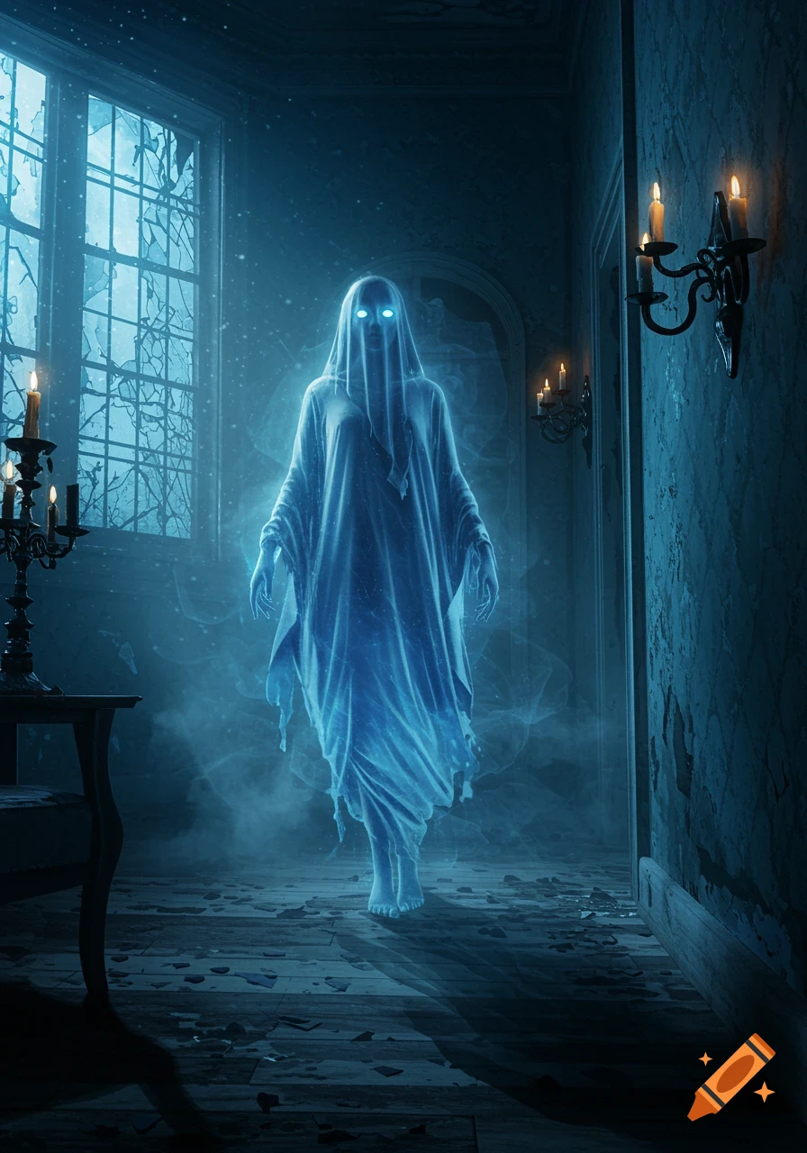 An eerie glowing blue ghost with bright eyes floats in a dimly lit, abandoned room with a broken window and flickering candles.