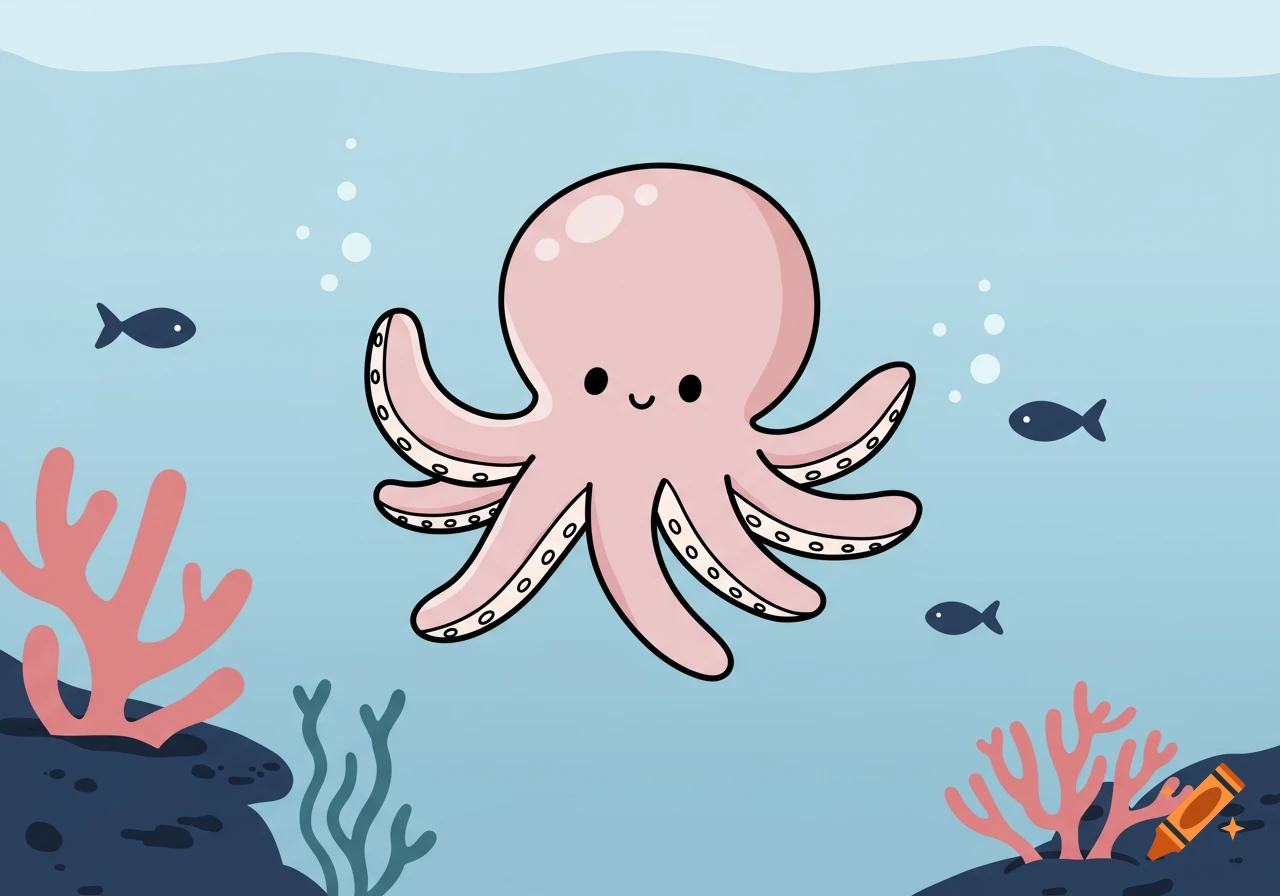 A cute, chubby pink cartoon octopus floats in a blue underwater scene with coral and small fish.