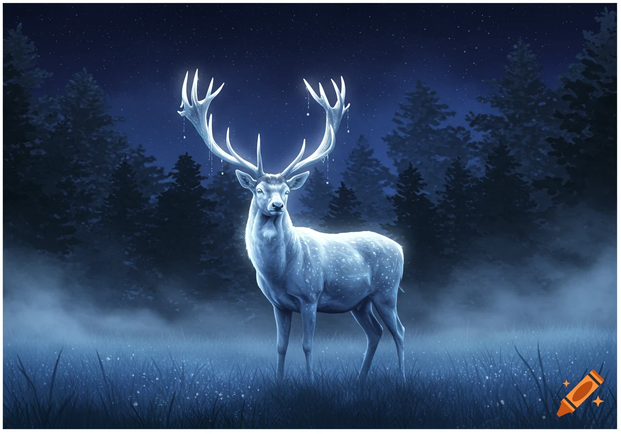 A luminous white stag with glowing antlers stands in a mystical, moonlit forest with a starry sky.