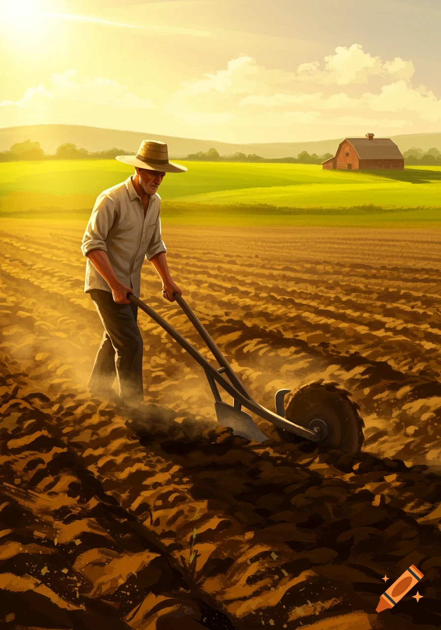 A farmer in a straw hat plows a field with a hand tool under a bright, warm sunset. A red barn is visible in the background.