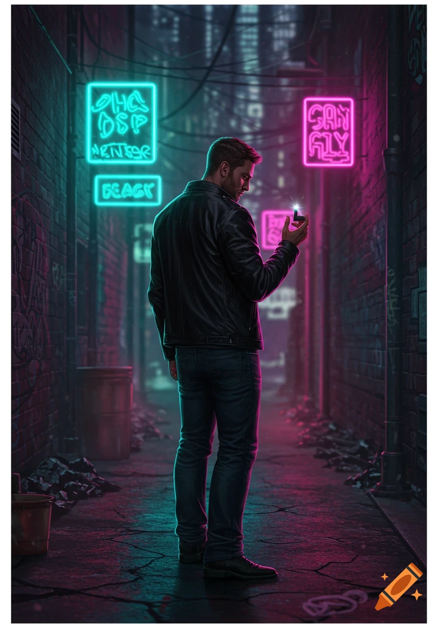 A man in a leather jacket stands in a neon-lit urban alley at night, looking down at a glowing object in his hand. Cyberpunk style.