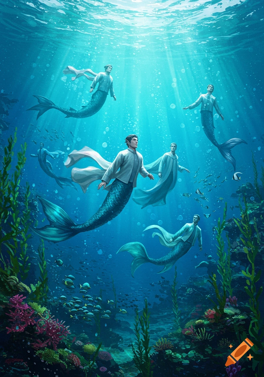 Several mermen with flowing white robes swim in a vibrant blue underwater scene with sun rays, schools of fish, colorful coral, and green kelp.