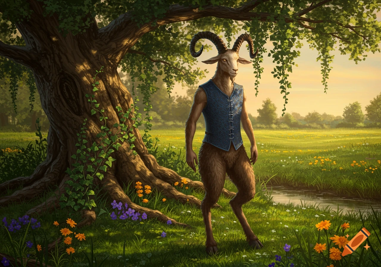 A satyr in a blue vest stands by a tree in a lush green field with a stream, illustrated.
