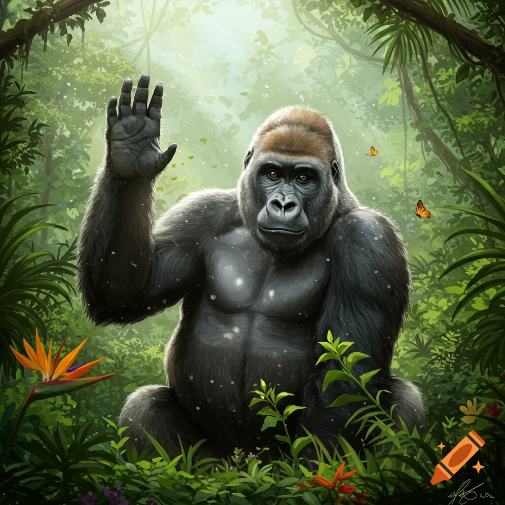 A large gorilla with reddish-brown fur on its head raises a hand in a vibrant, sunlit jungle with butterflies and flowers.