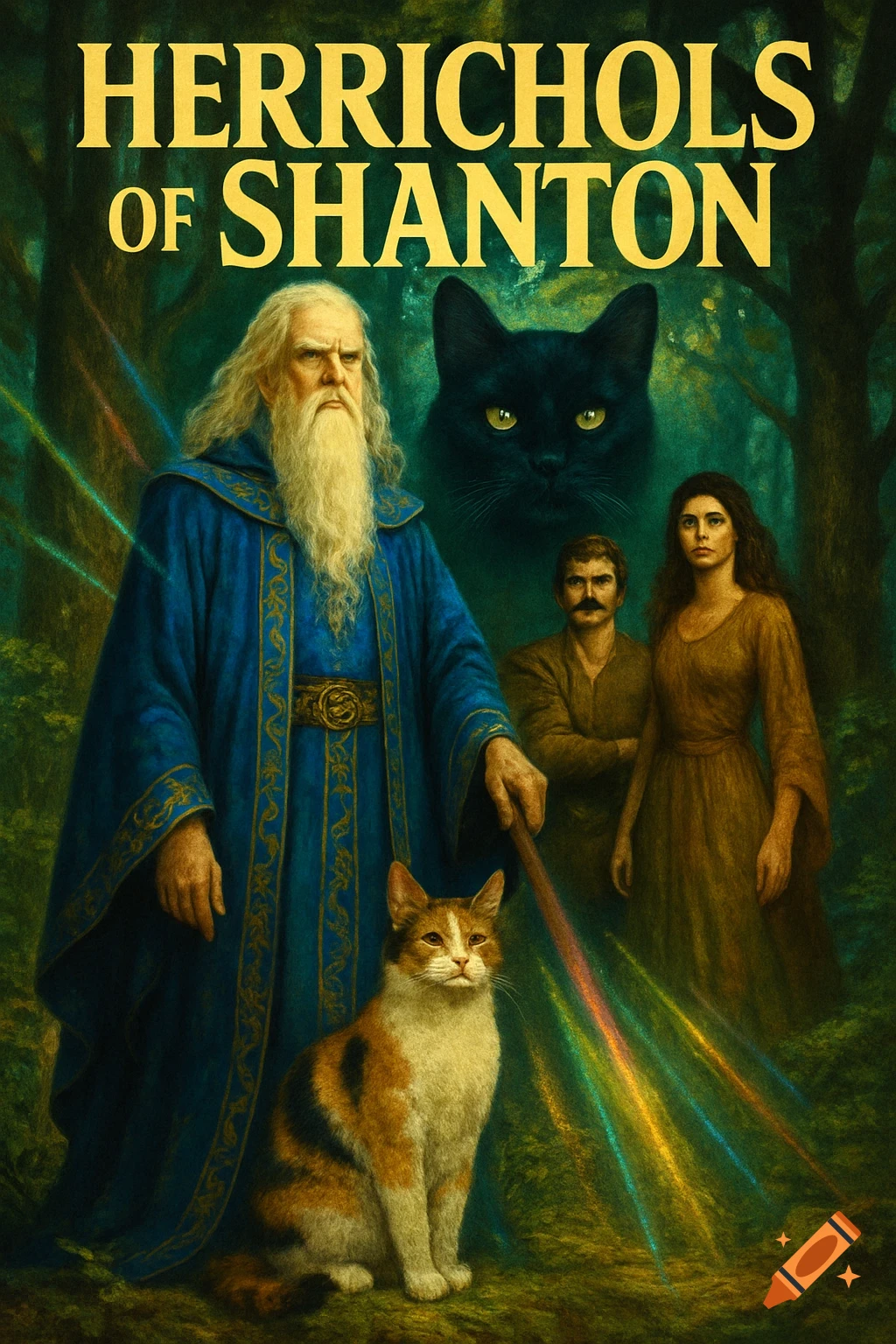 An 80s fantasy book cover featuring a bearded sorcerer, a calico cat, a couple, and a large black cat in a forest.
