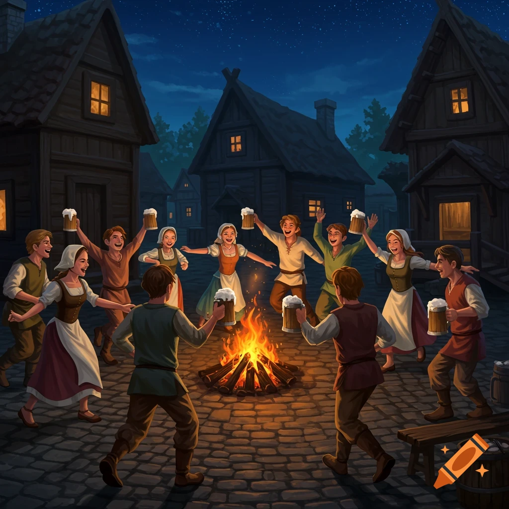 Young medieval peasants dancing around a bonfire in a village at night, holding beer mugs.