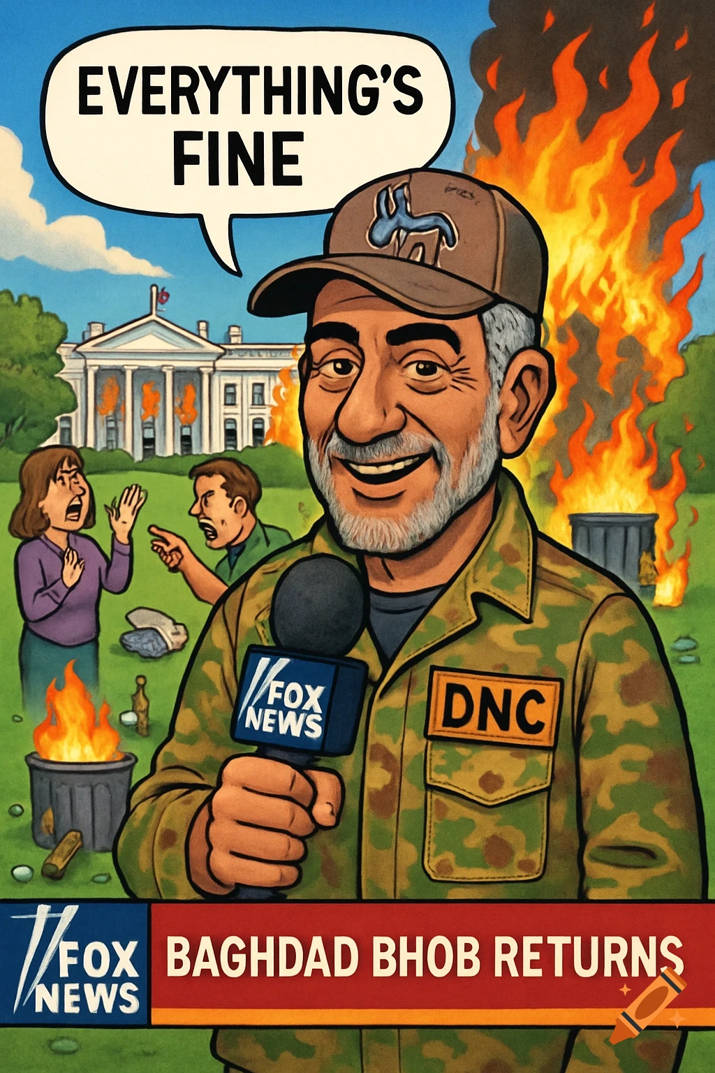 A cartoon of a smiling reporter in fatigues in front of a burning White House, with a speech bubble reading "Everything's Fine" and a Fox News banner.