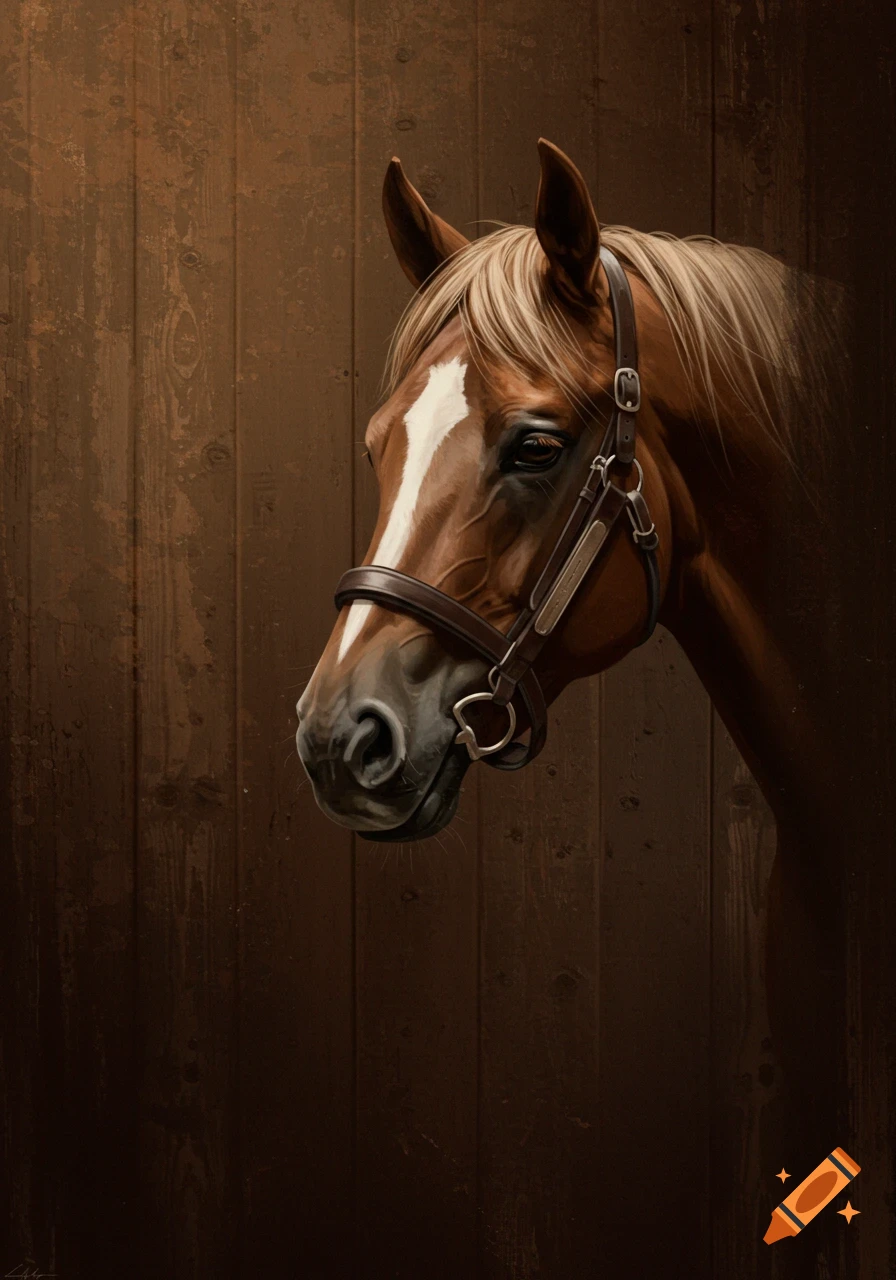 Detailed portrait of a brown horse with a white blaze on its face and a bridle, set against a dark wooden background.