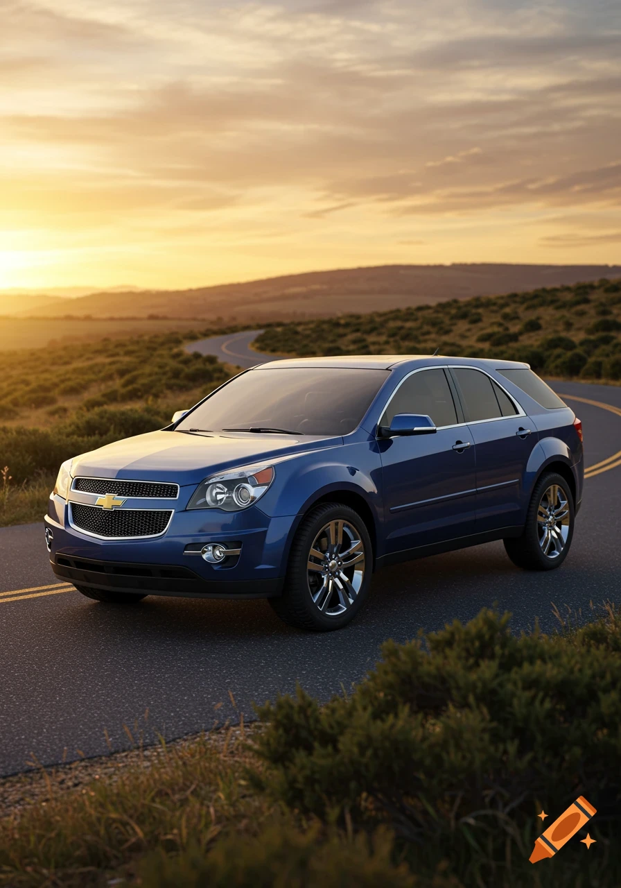 Blue SUV on a winding road at sunset.