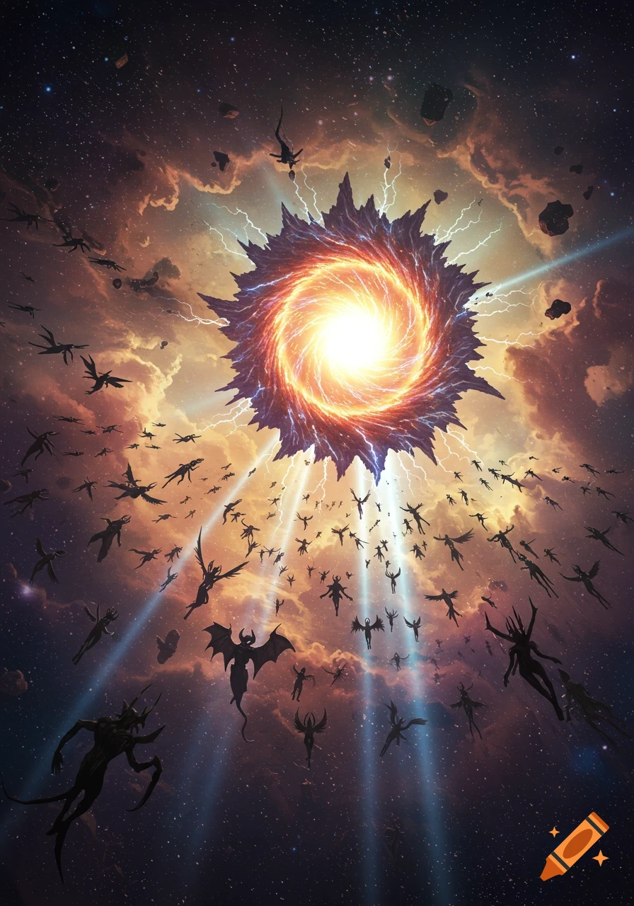 A giant swirling cosmic portal emitting light and lightning, surrounded by countless dark, winged creature silhouettes in deep cloudy space.