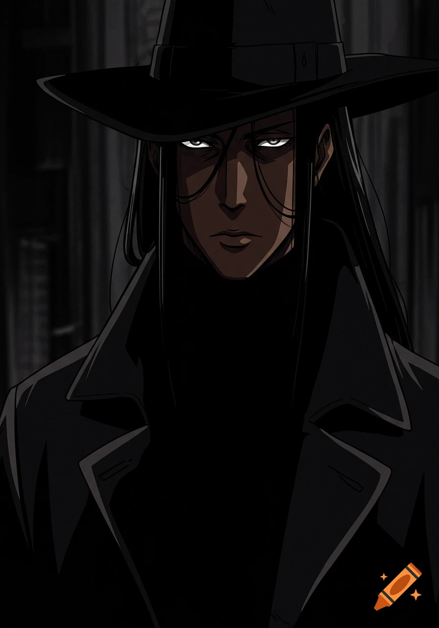 A close-up anime-style portrait of a dark-skinned man with long black hair, white glowing eyes, wearing a black trench coat and black hat.