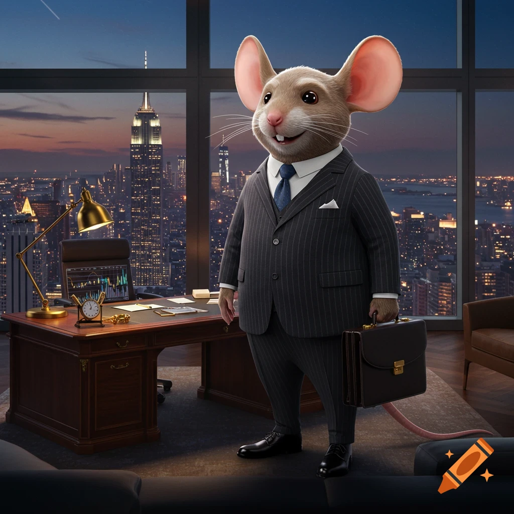 A smiling anthropomorphic mouse in a pinstripe suit holds a briefcase in a high-rise office overlooking a city skyline at dusk.