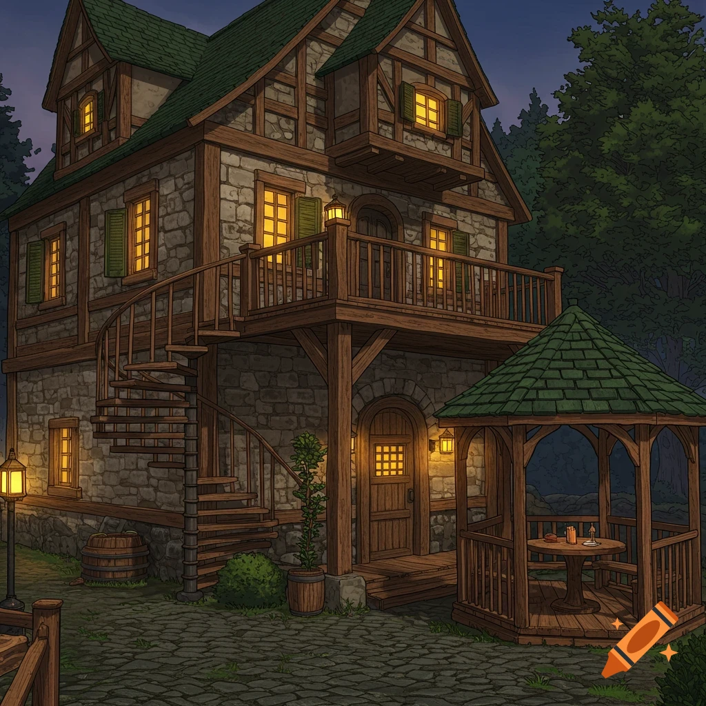 A rustic, two-story stone and timber restaurant at night, with a balcony, spiral staircase, and an illuminated gazebo outside.
