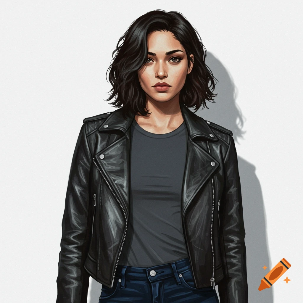 An illustration of a woman with short dark hair wearing a black leather jacket, grey t-shirt, and blue jeans against a white background.