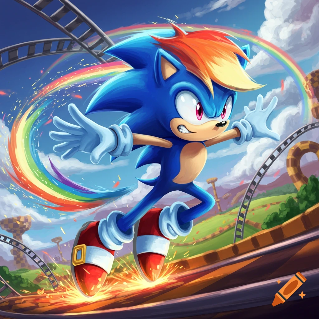 A vibrant, cartoon image of a blue hedgehog-like character, a fusion of Sonic and Rainbow Dash, running fast on a track, leaving a rainbow trail and sparks.