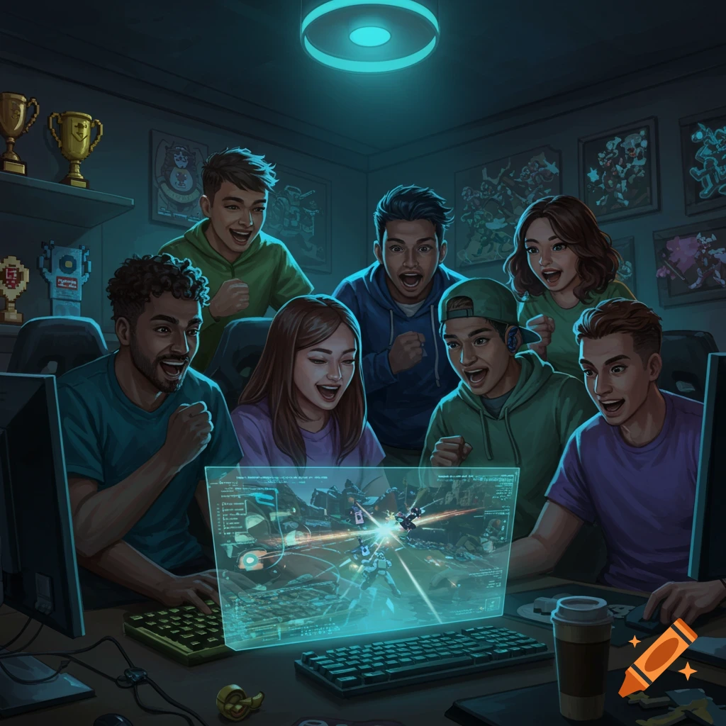 A diverse group of excited young adults gathered around a glowing holographic screen, playing a video game in a dimly lit gaming room with trophies.