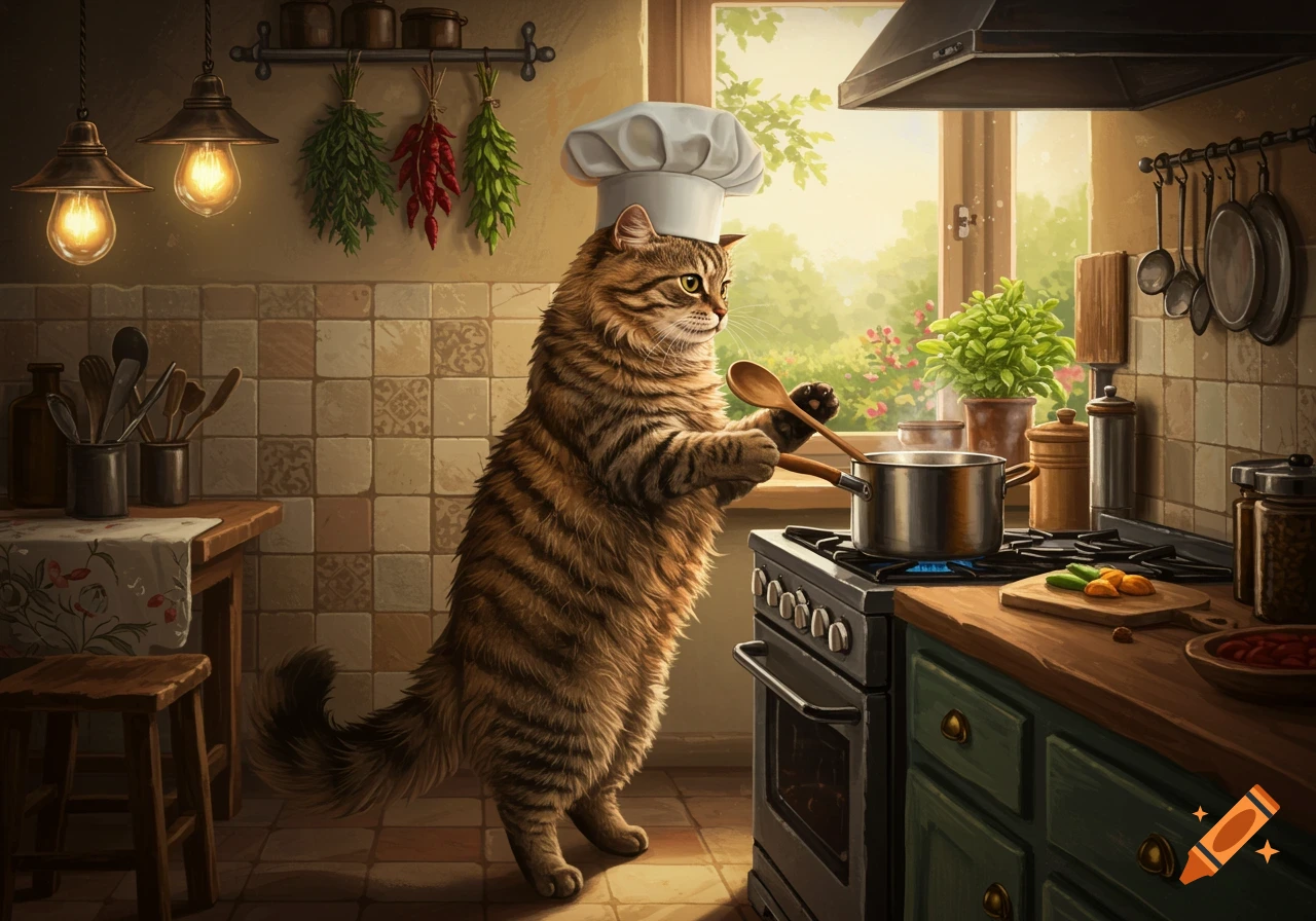 A brown tabby cat wearing a chef's hat stands in a rustic kitchen, stirring a pot on the stove.