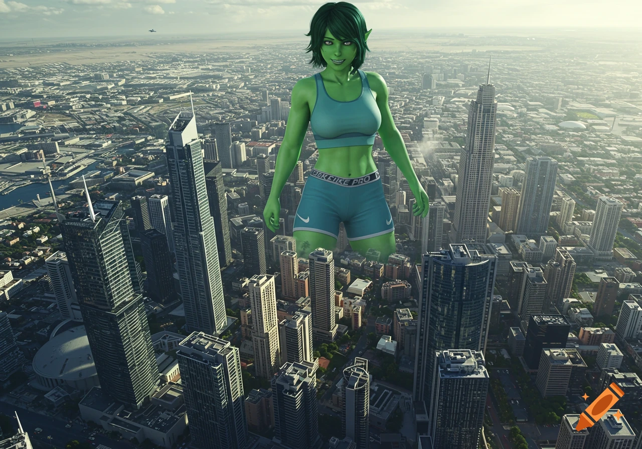 A giant green-skinned woman in a teal crop top and blue shorts smiles playfully among skyscrapers in a city, viewed from above.