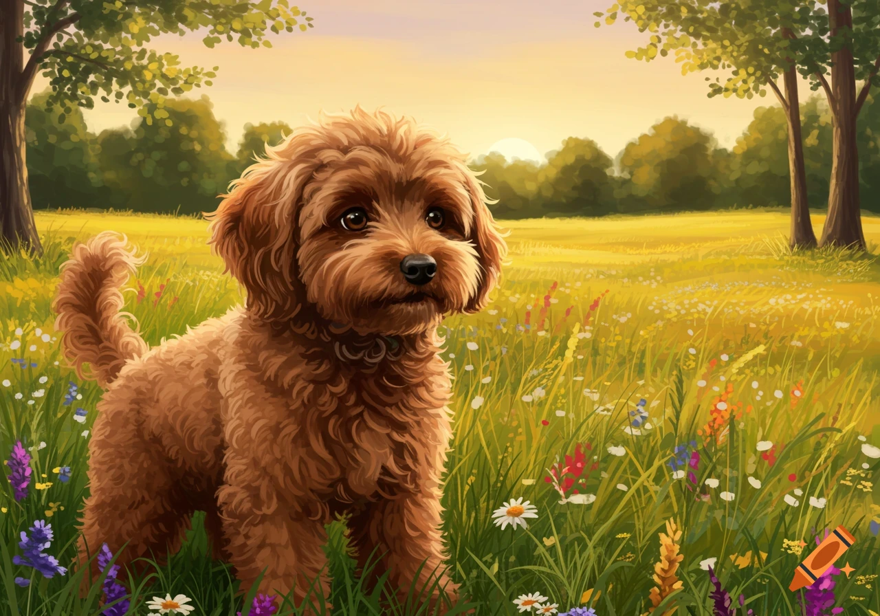 A fluffy brown cockapoo dog stands in a field of wildflowers at sunset, rendered in a painterly style.