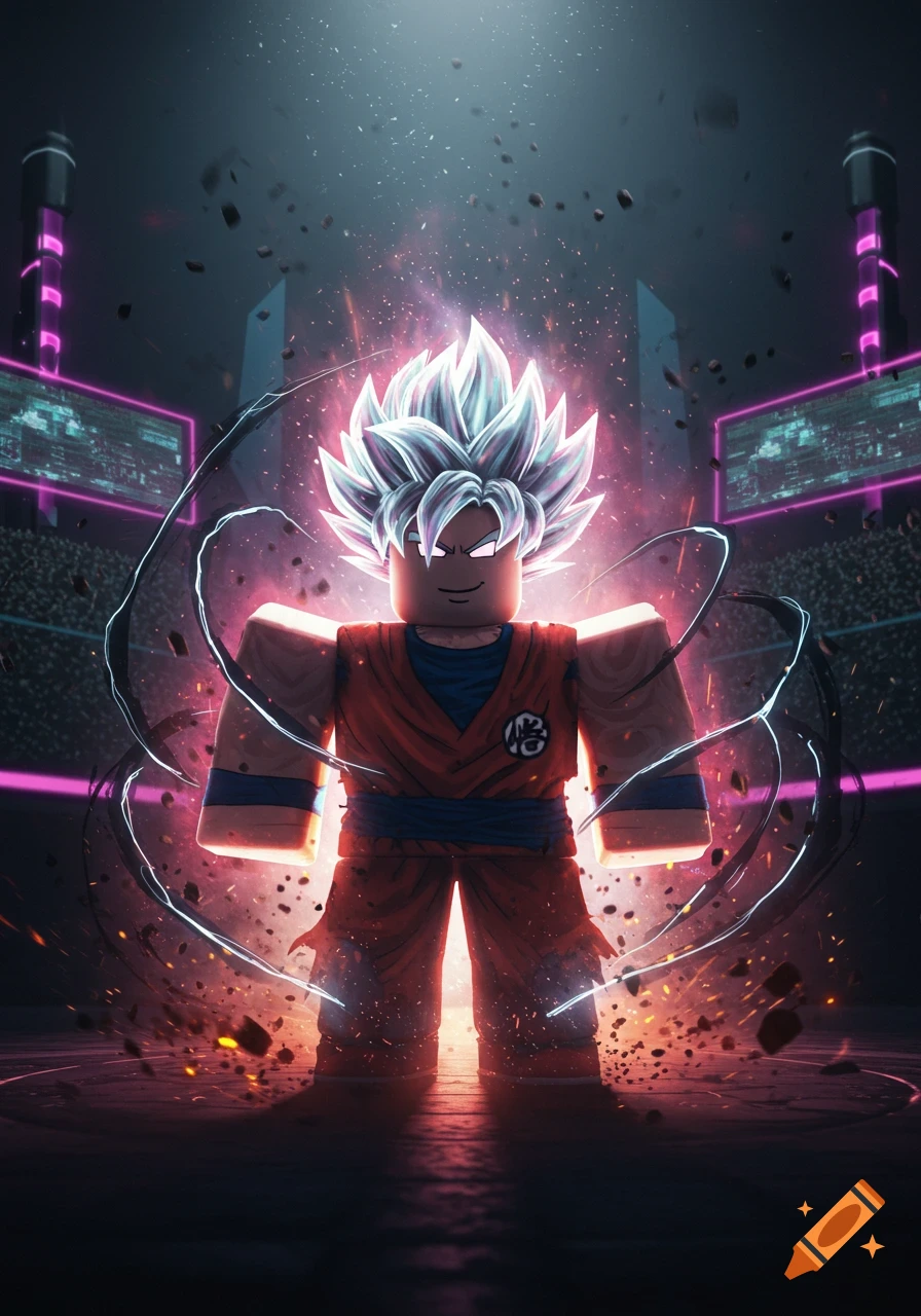 A Roblox-style Goku character with spiky white hair and glowing eyes stands powerfully in an arena, surrounded by pink energy and debris.
