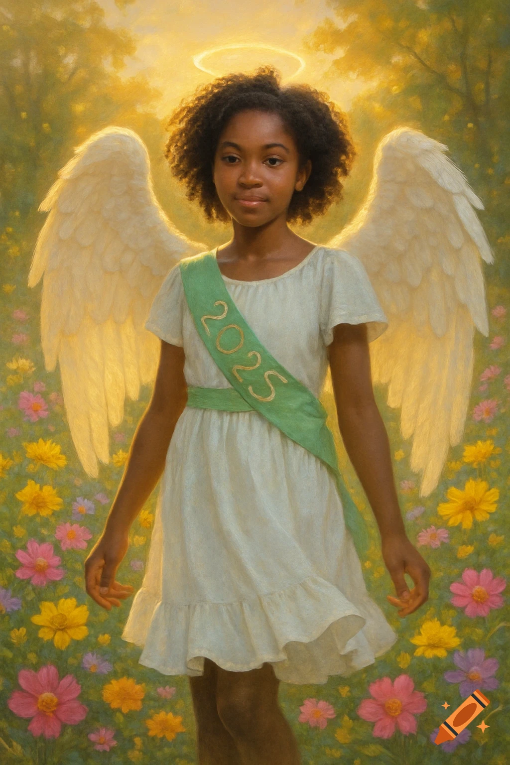 A painted portrait of an African American girl angel in a white dress with a '2025' sash, standing in a vibrant flower garden.