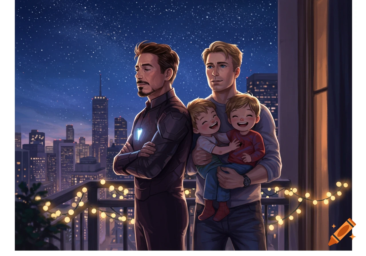 Illustrated depiction of Tony Stark, Steve Rogers, and two young boys on a city balcony at night with string lights.