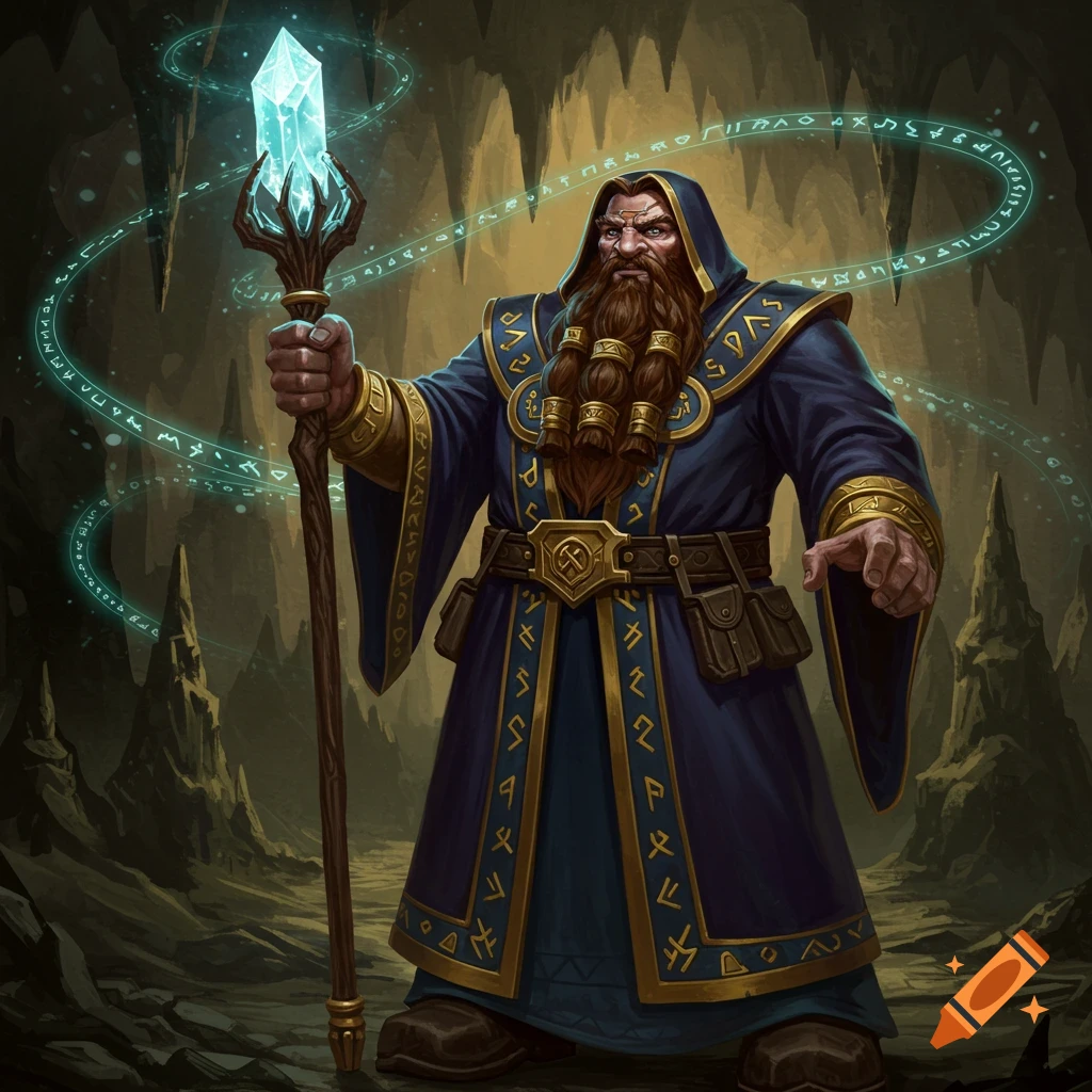 A powerful dwarven sorcerer in a blue robe, holding a glowing crystal staff in a magical cave setting.