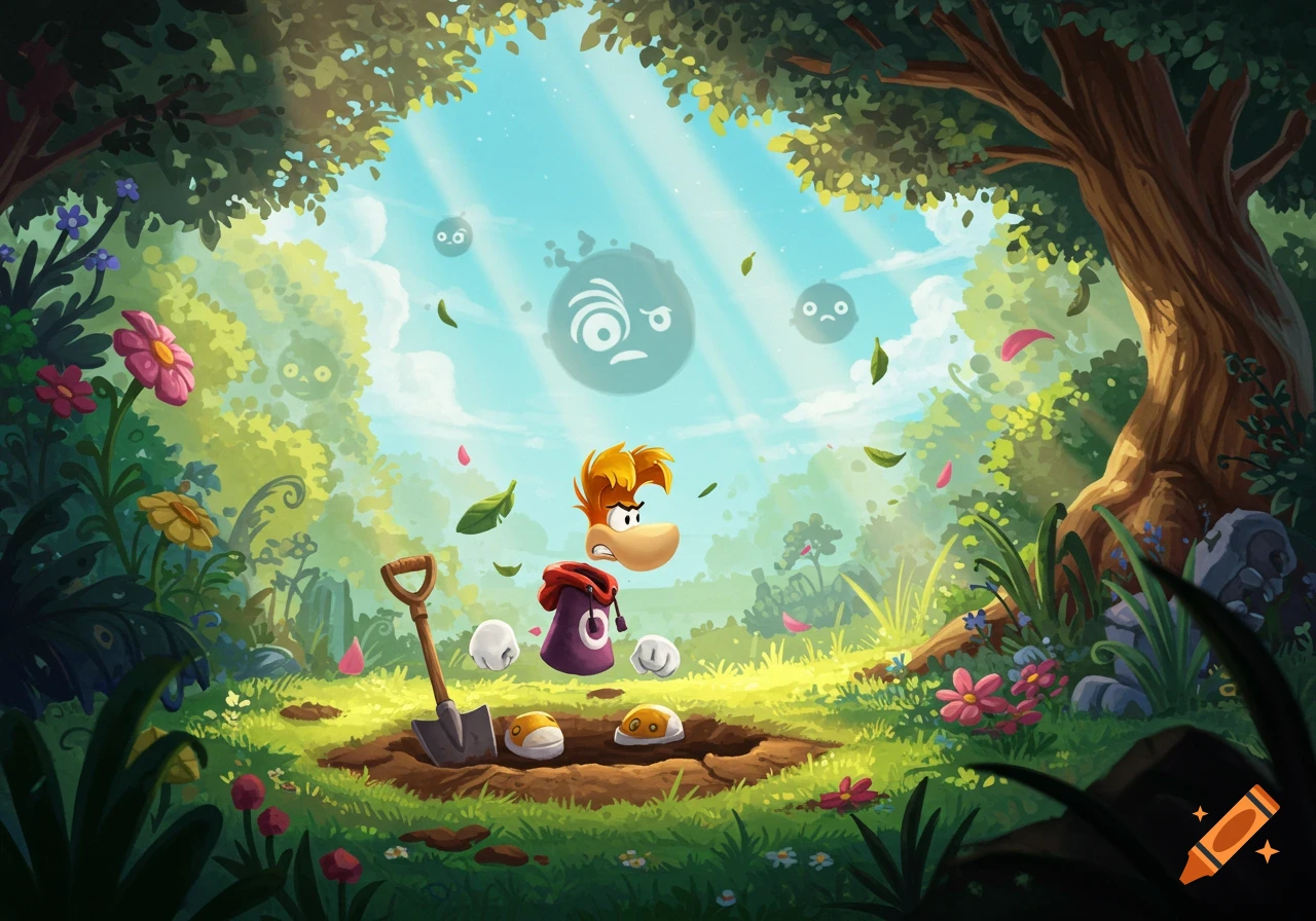Rayman stands next to a grave with a shovel in a vibrant forest, under ghostly figures and sun rays in a cartoon style.