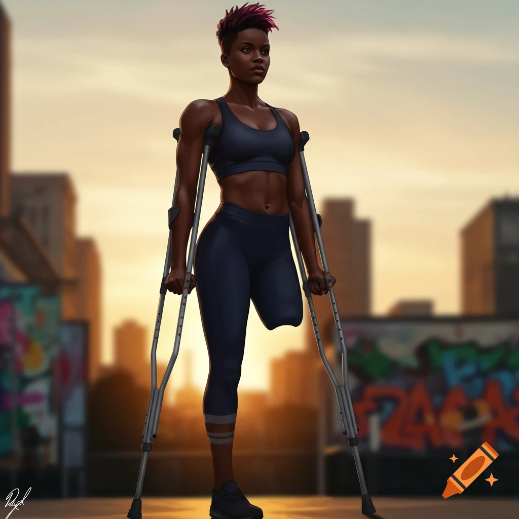 A strong amputee woman with dark skin and short pink hair stands with crutches in an urban setting at sunset, rendered in digital art style.