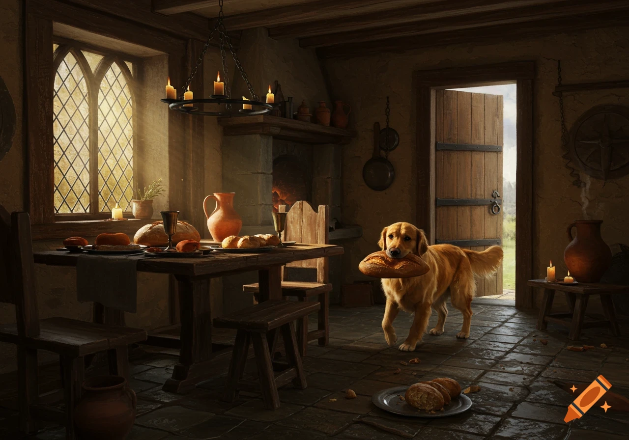 A golden retriever carries a loaf of bread in its mouth inside a rustic medieval-style room with sunlight streaming through a window.