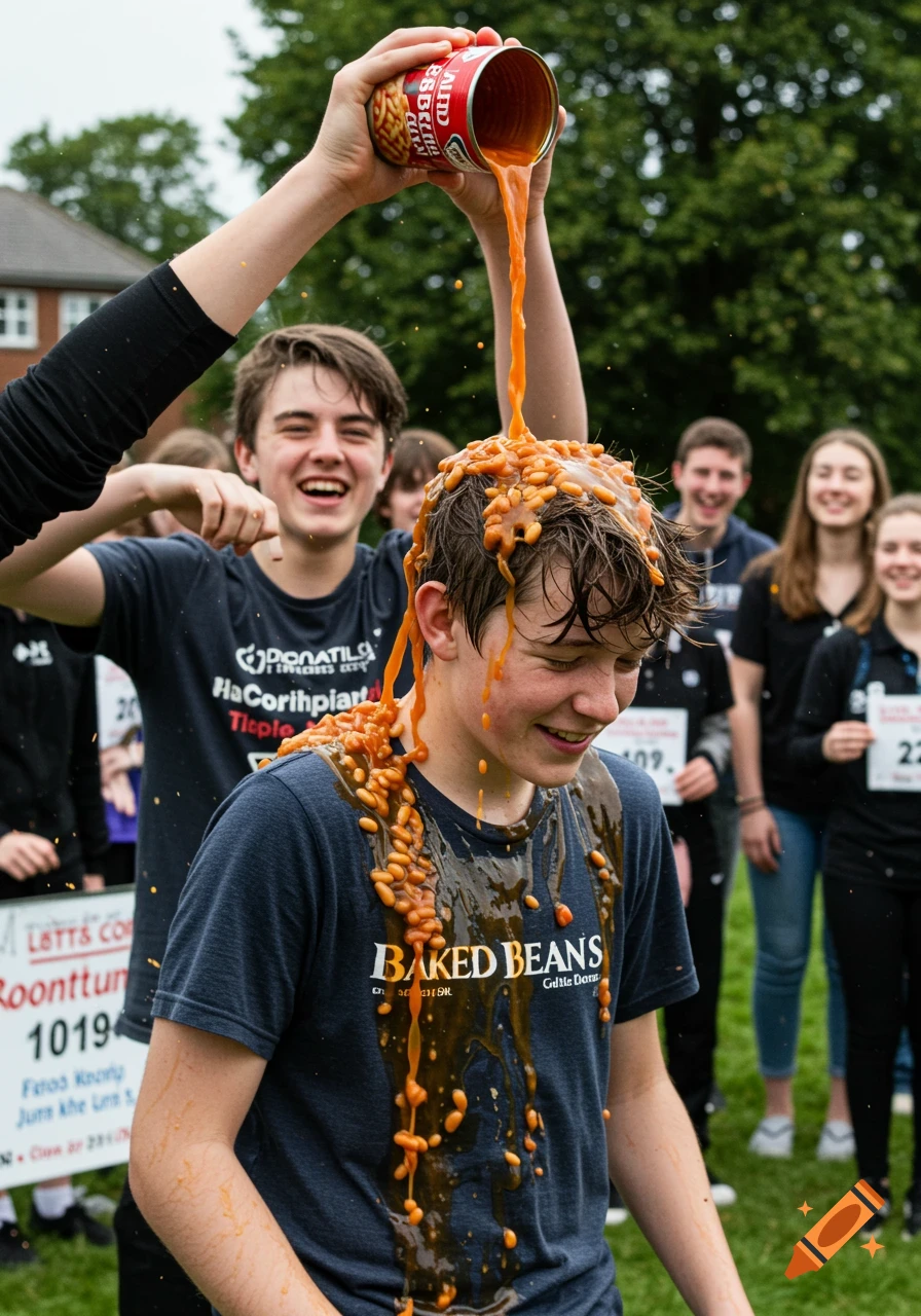 Teenage boy smiling as another person pours baked beans from a can onto his head during an outdoor event, surrounded by other laughing teenagers.